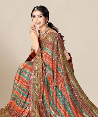 Maroon & Green Sequinned Leheriya Saree