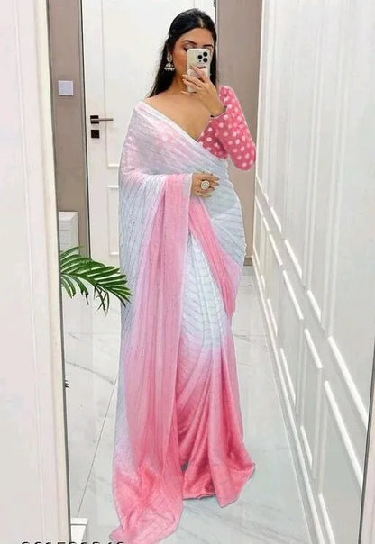 White and Pink shaded georgette mukesh work designer saree