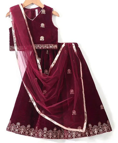 Sleeveless Velvet Embroidered Lehenga Choli and Dupatta Set - Maroon