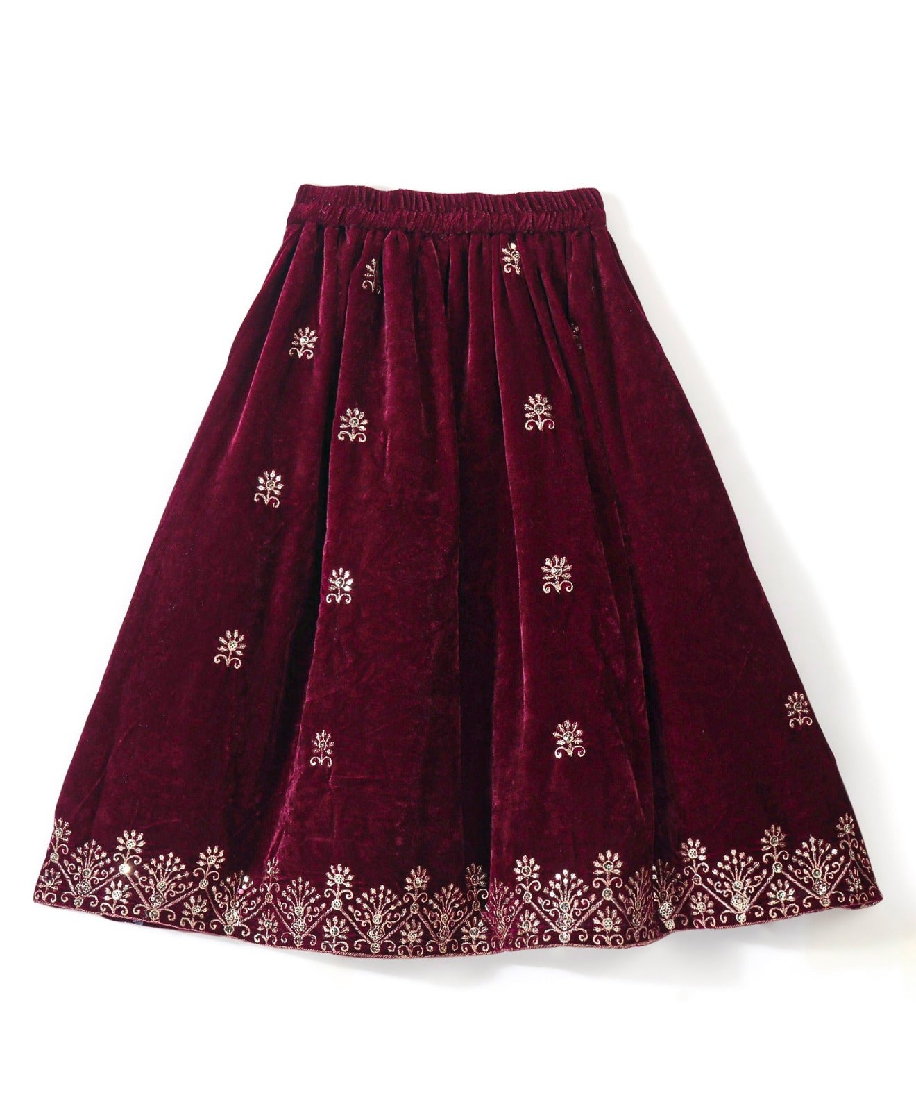 Sleeveless Velvet Embroidered Lehenga Choli and Dupatta Set - Maroon