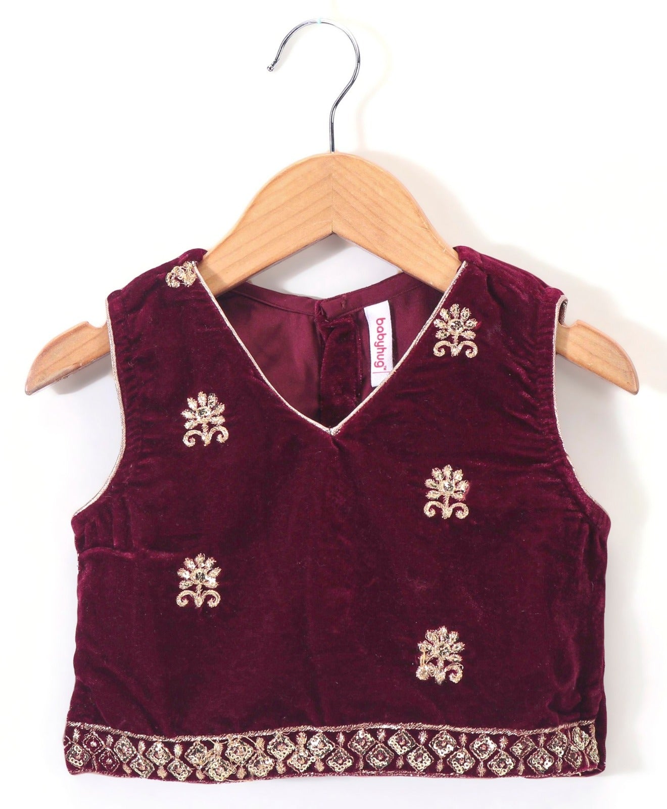 Sleeveless Velvet Embroidered Lehenga Choli and Dupatta Set - Maroon