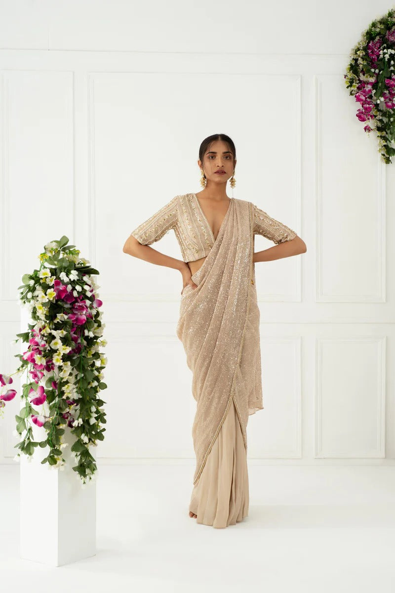 Nidhika Shekhar Women Beige Crepe Embroidery V Neck Sequin Pre-draped Saree With Blouse For Women