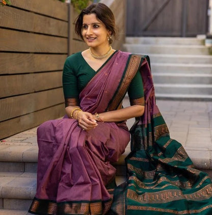 LILAC PURPLE WITH DARK GREEN COMBINATION PURE SOFT SEMI SILK SAREE WITH ATTRACTIVE BLOUSE PIECE