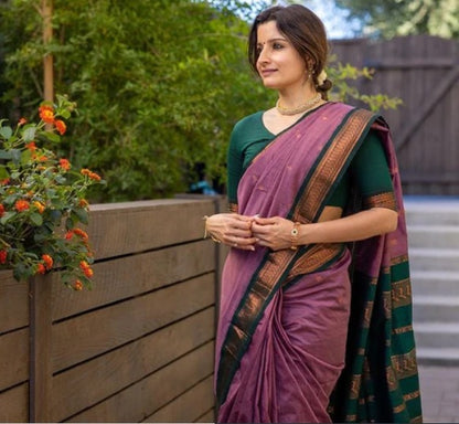 LILAC PURPLE WITH DARK GREEN COMBINATION PURE SOFT SEMI SILK SAREE WITH ATTRACTIVE BLOUSE PIECE