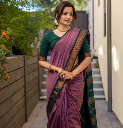 LILAC PURPLE WITH DARK GREEN COMBINATION PURE SOFT SEMI SILK SAREE WITH ATTRACTIVE BLOUSE PIECE