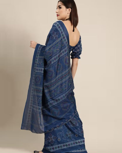 Blue Casual Manipuri Silk Printed Saree With Unstitched Blouse with Unstitched