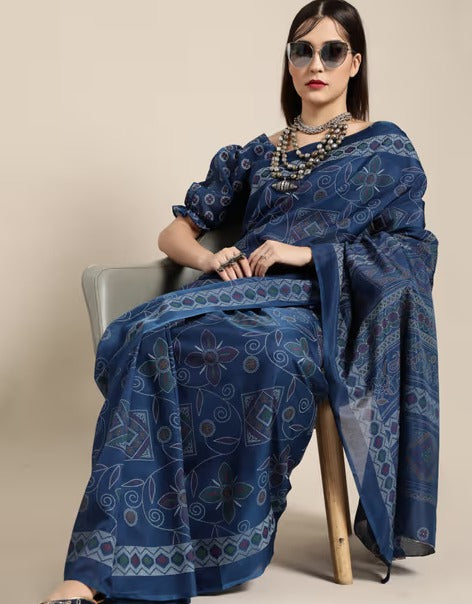 Blue Casual Manipuri Silk Printed Saree With Unstitched Blouse with Unstitched