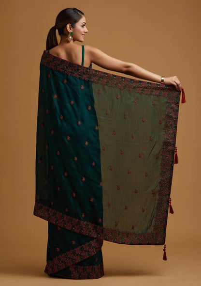 Bottle Green Threadwork Soft Silk Saree