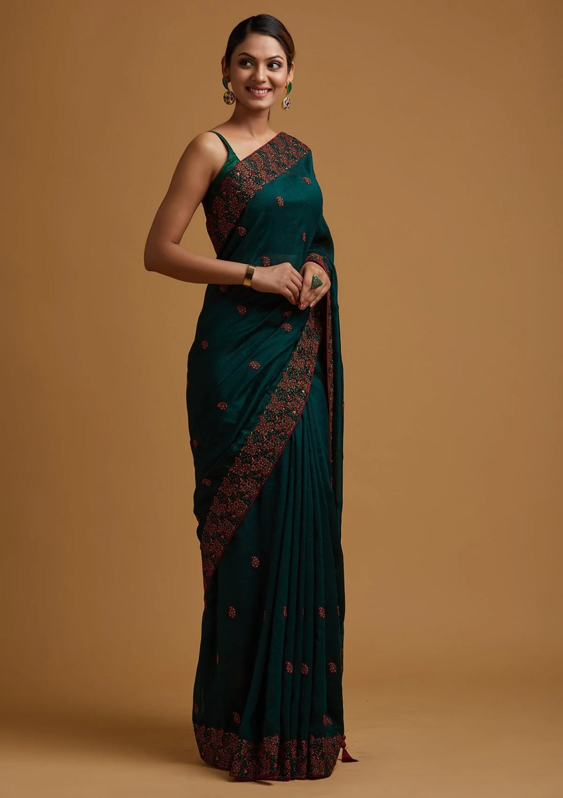 Bottle Green Threadwork Soft Silk Saree