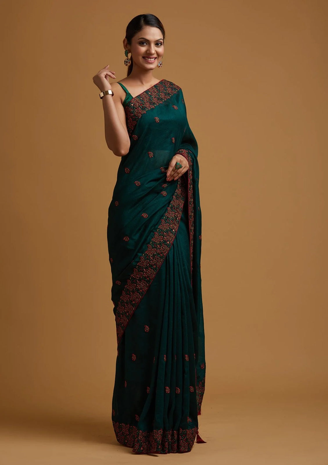 Bottle Green Threadwork Soft Silk Saree