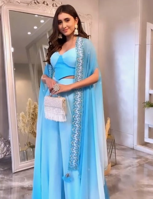 Blue Embroidered Blouse Palazzo With Long  Shrug