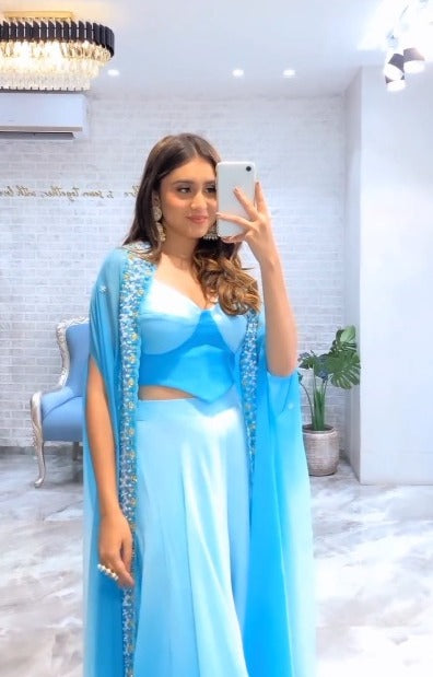 Blue Embroidered Blouse Palazzo With Long  Shrug