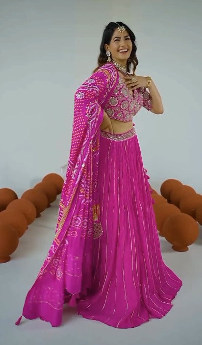 Beautiful Pink Embroidered Bandanai Style Lehenga Choli