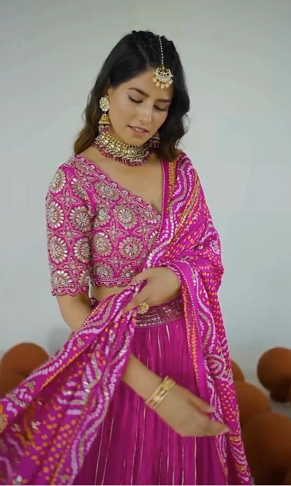 Beautiful Pink Embroidered Bandanai Style Lehenga Choli