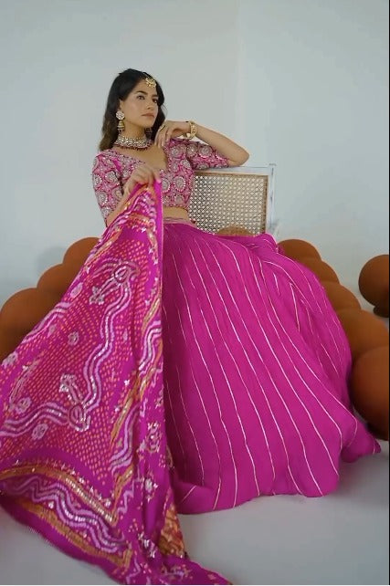 Beautiful Pink Embroidered Bandanai Style Lehenga Choli