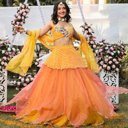 LAVANYATHELABEL YELLOW LEHERIYA LEHENGA