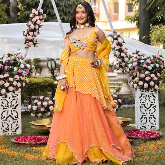 LAVANYATHELABEL YELLOW LEHERIYA LEHENGA