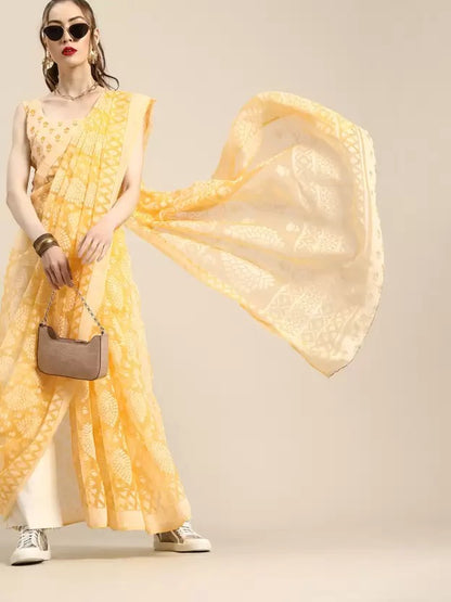 Akhilam Yellow Casual Brasso Net Printed Saree With Unstitched Blouse with Unstitched