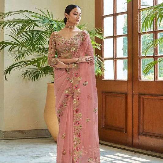 Peach Organza Silk Saree With Sequins, Zari And Thread Embroidery