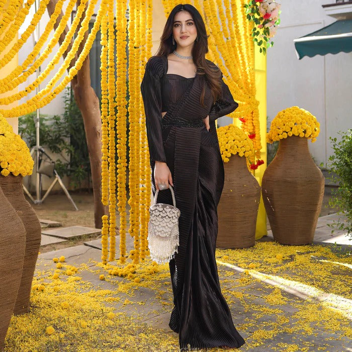 BLACK PLEATED PRE-DRAPED SAREE