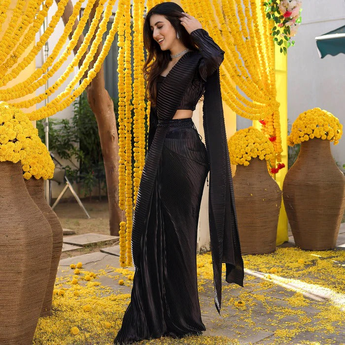 BLACK PLEATED PRE-DRAPED SAREE