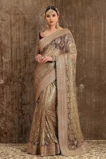 SHIKHAR SHARMA Women Gold Saree Net Embroidered And Embellished Gota Floral With Blouse For Women