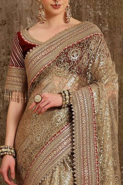 SHIKHAR SHARMA Women Gold Saree Net Embroidered And Embellished Gota Floral With Blouse For Women