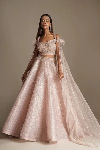 Women Pink Organza Embroidery Sequin Sweetheart Neck Lehenga Blouse Set For Women