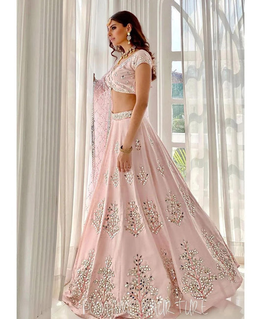 Light Peach Georgette Lehenga With Crape Digital Print Embroidered Choli For Women