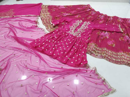 RANI-PINK ZARI GEORGETTE SEMI STITCHED LEHENGA CHOLI WITH JACKET