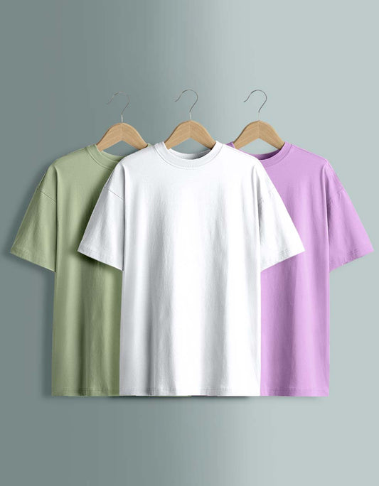 Pack of 3 Plain Oversized T-shirts: White ,Foggreen ,Lilac