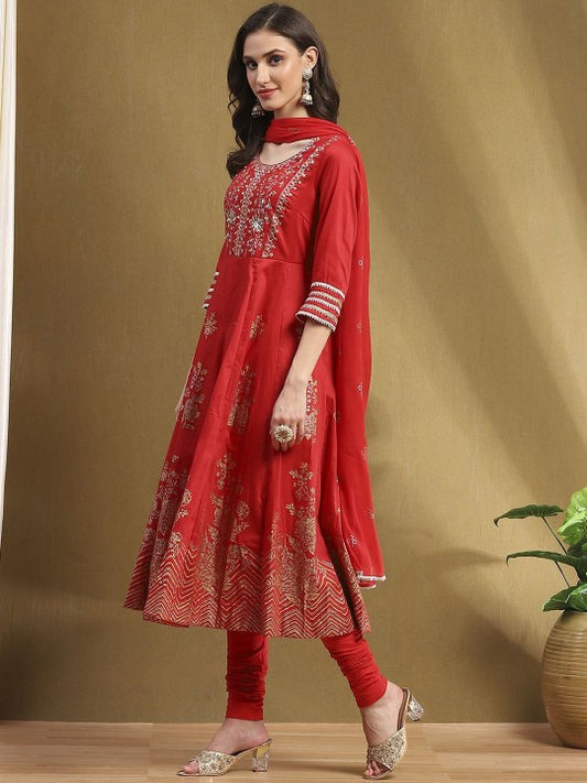 Women Embroidered Anarkali Kurta With Churidar & Dupatta