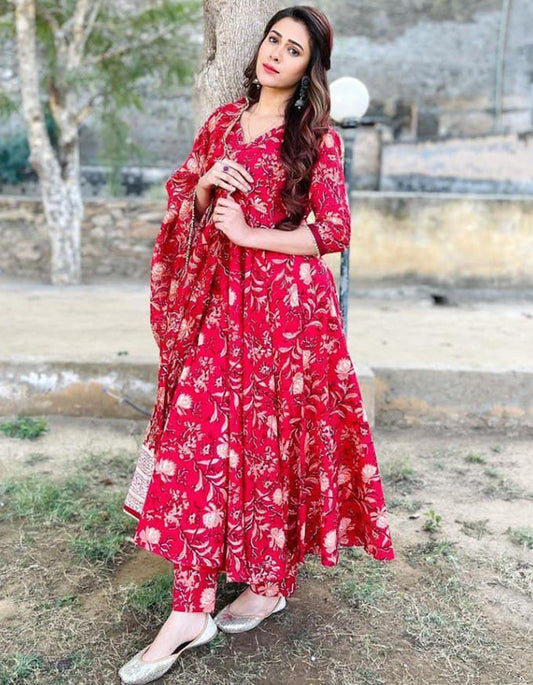 Red Floral Printed Georgette Casual Wear Anarkali Suit