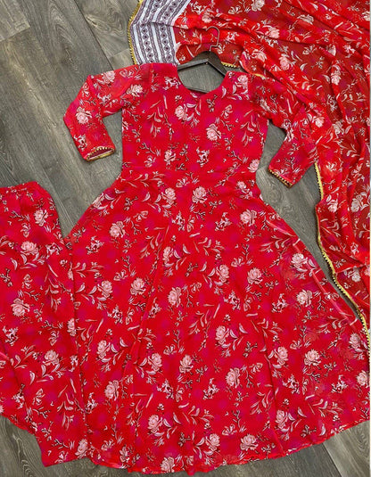 Red Floral Printed Georgette Casual Wear Anarkali Suit