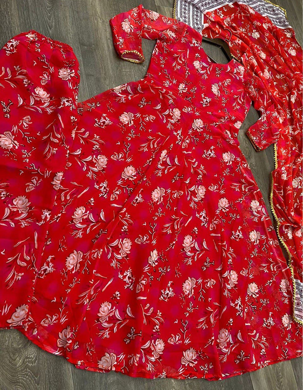 Red Floral Printed Georgette Casual Wear Anarkali Suit