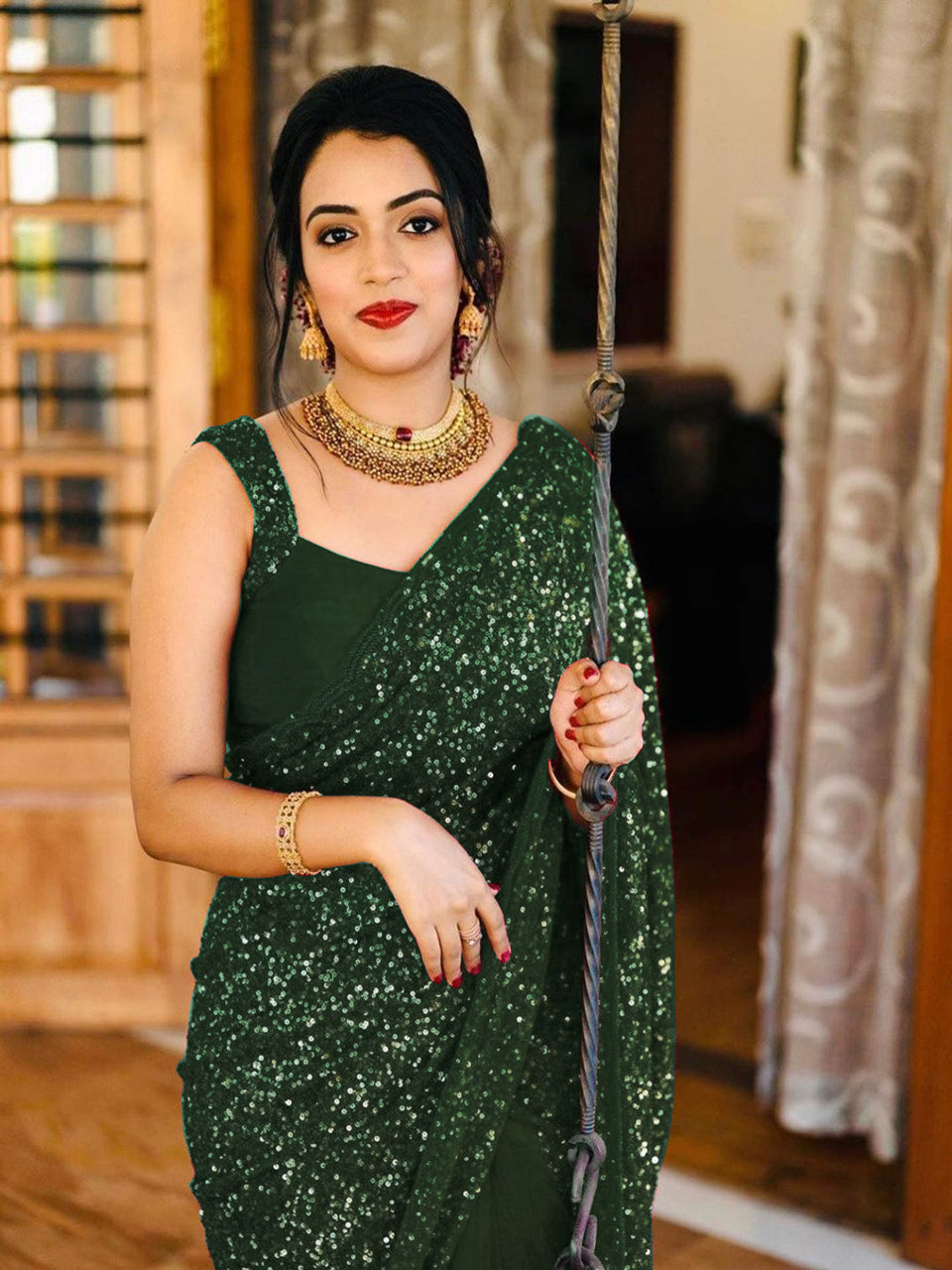 Green Georgette Sequin Work Designer Saree