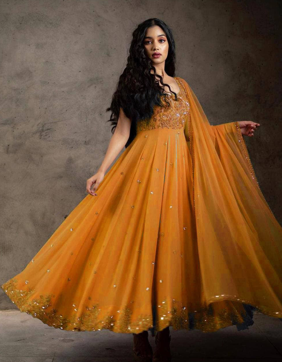 Orange Embroidery Georgette Wedding Wear Anarkali Suit