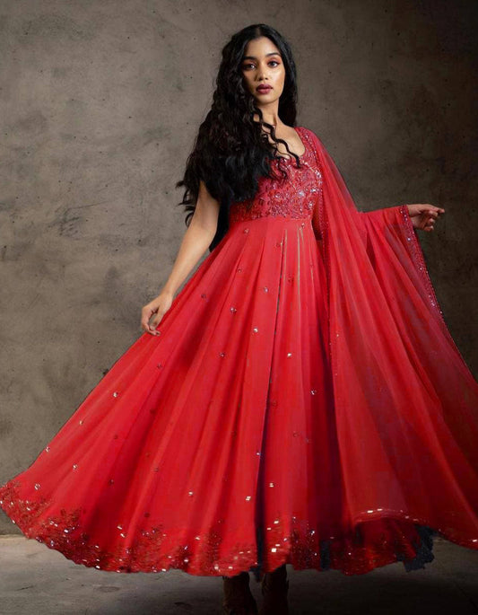 Red Embroidery Georgette Wedding Wear Anarkali Suit