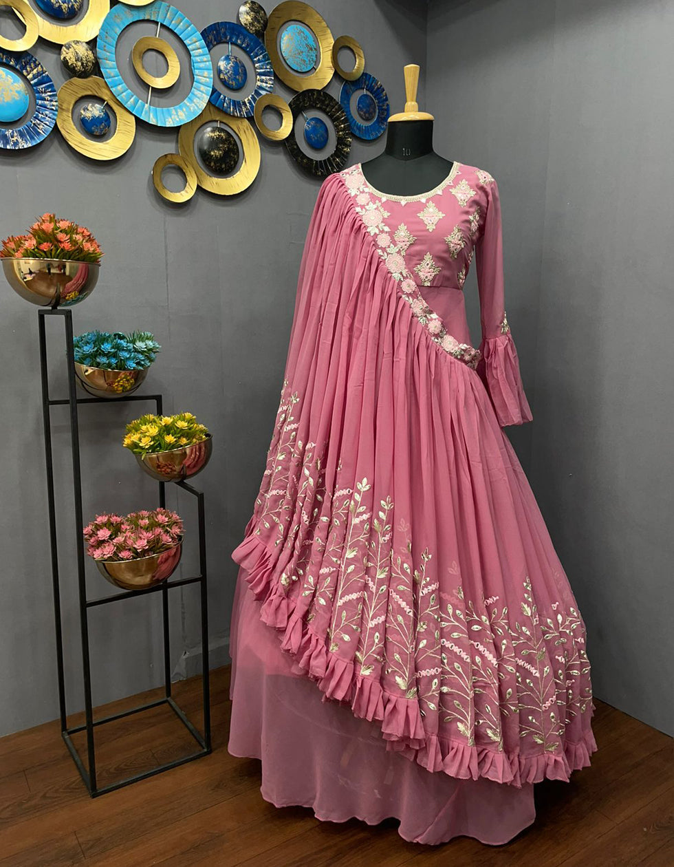 Pink Georgette Ruffle Mirror Work Partywear Gown