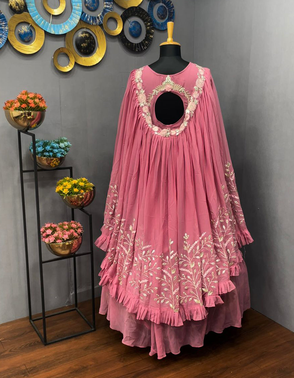 Pink Georgette Ruffle Mirror Work Partywear Gown