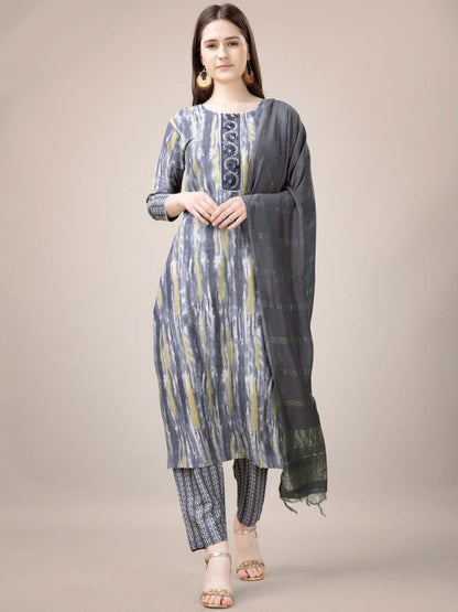 Thread Work Straight Kurta with Trousers & Dupatta