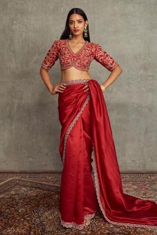 JAYANTI REDDY Women Red Silk Embroidered Floral V Neck Saree With Blouse For Women