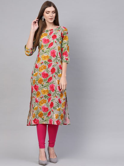 Women Grey & Pink Floral Print Straight Kurta