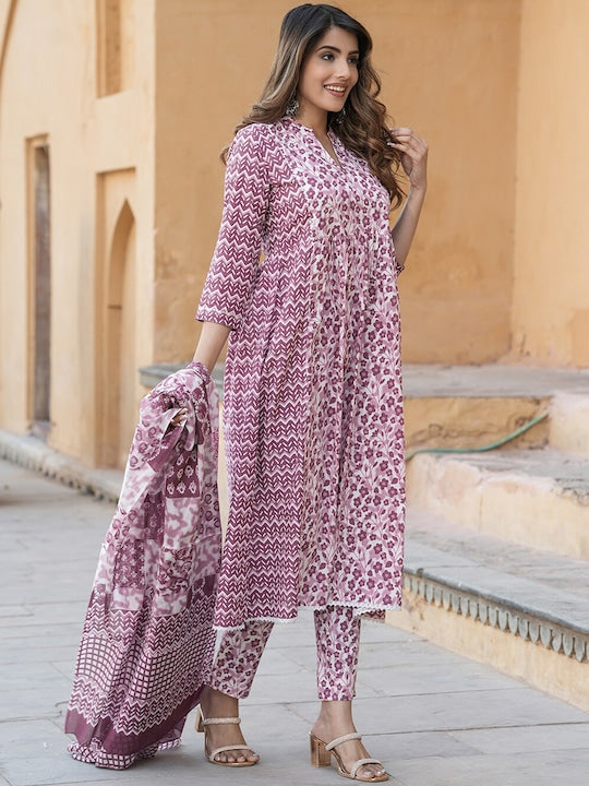 Ethnic Motifs Printed Empire Thread Work Pure Cotton Kurta with Trousers & Dupatta