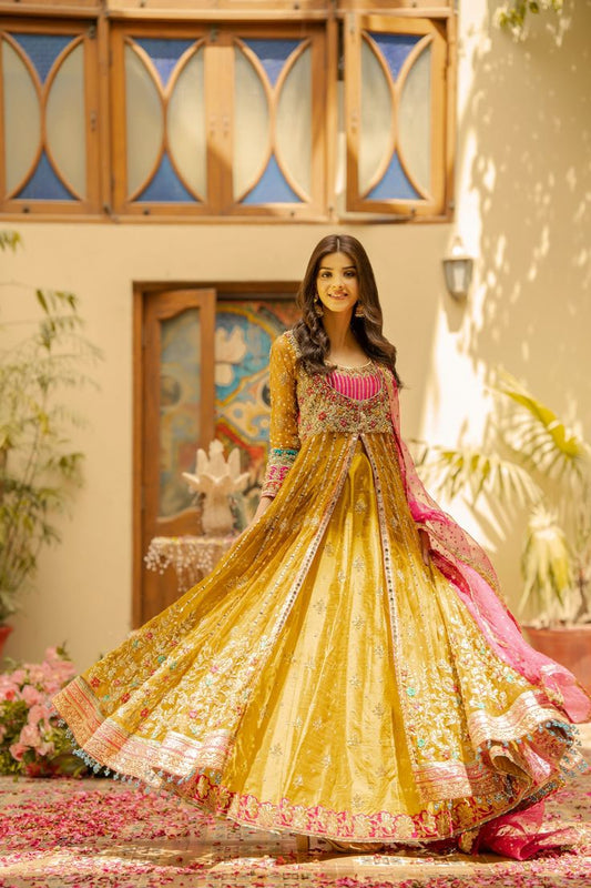 Frock Lehenga Yellow Pakistani Bridal Dress For Mehndi