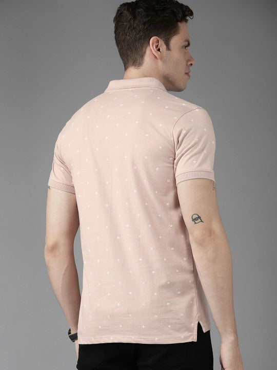 Men Pink & White Pure Cotton Printed Polo Collar T-shirt