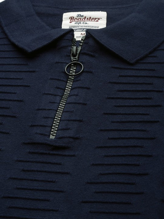 Men Navy Blue Self Design Polo Collar Pure Cotton T-shirt