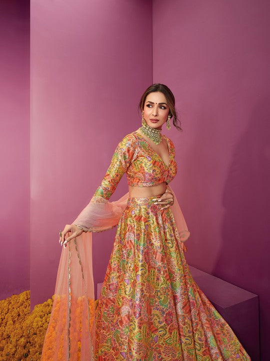 Multicoloured Embroidered Thread Work Semi-Stitched Lehenga & Unstitched Blouse With Dupatta