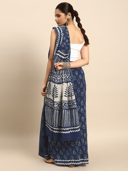 Ethnic Motifs Pure Cotton Block Print Indigo Saree