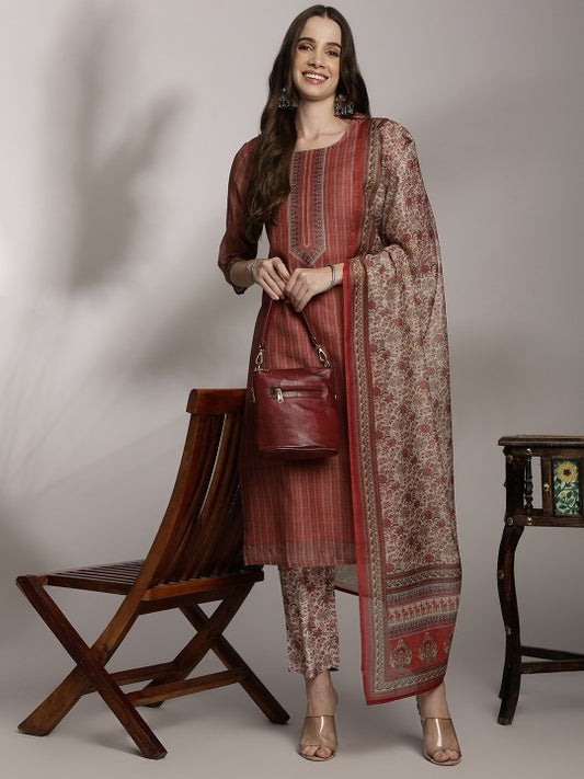 Women Striped Regular Kurta with Trousers & With Dupatta